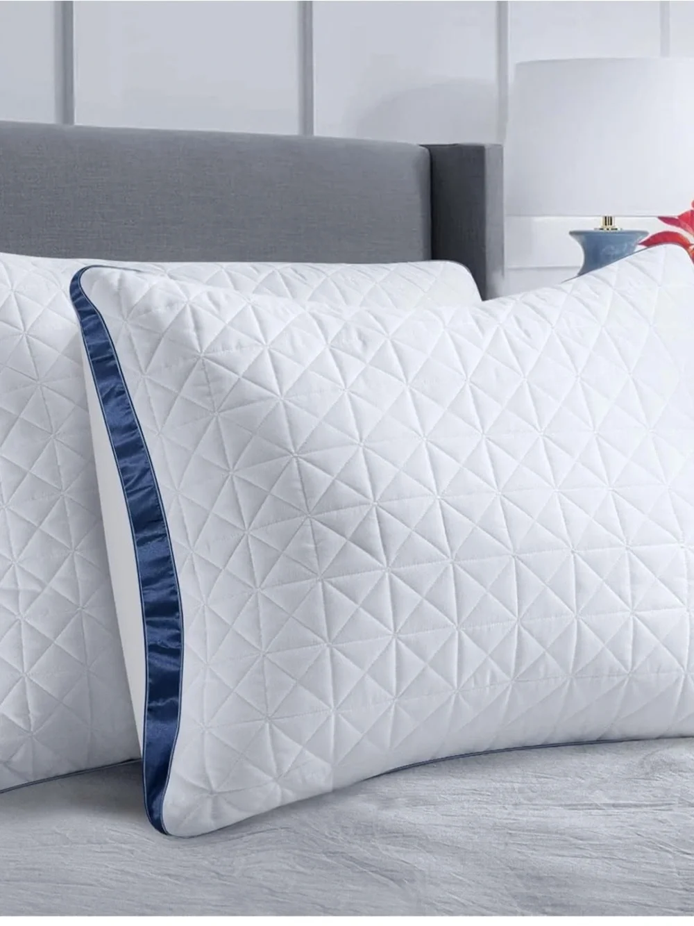 Quilted White Pillow Sham with Navy Satin Edge